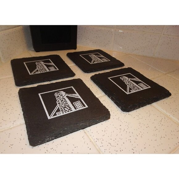 Vintage Black Slate Coasters Cottage Chimney retro rustic barware - Picture 4 of 9